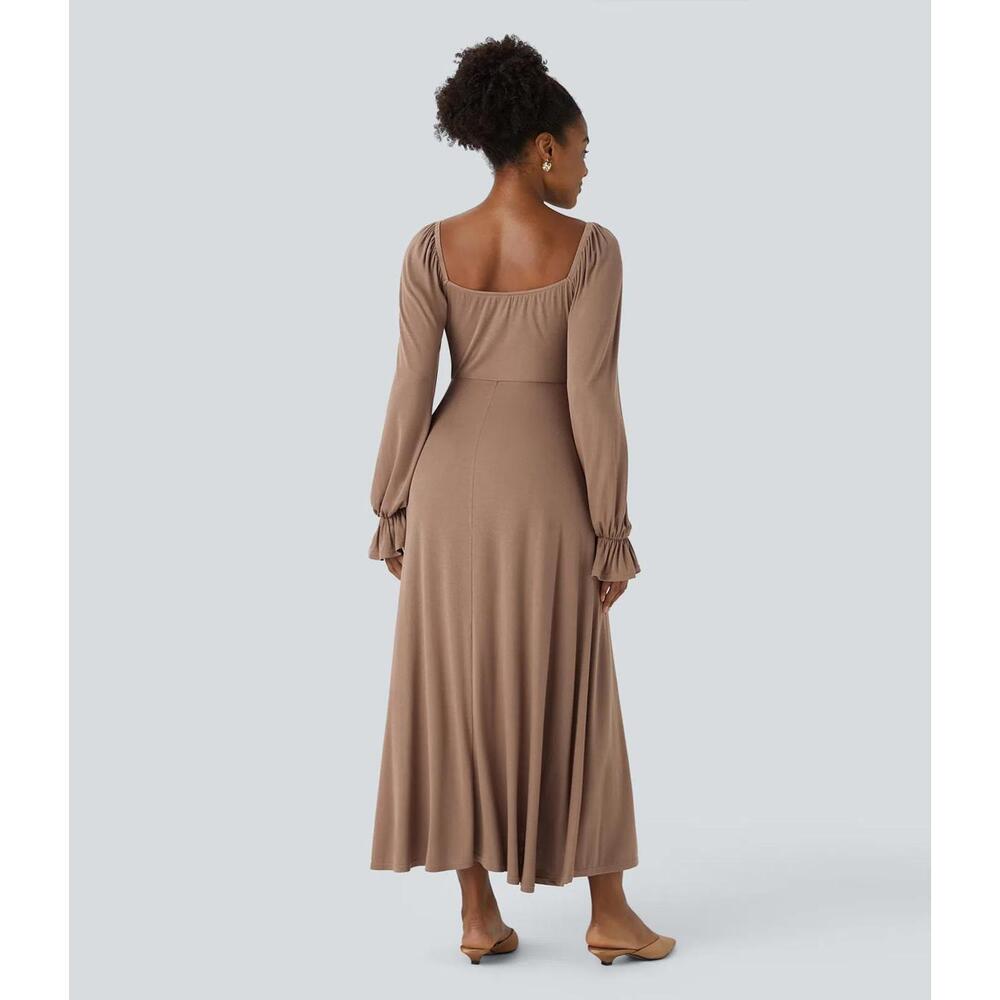 NWT Halara Square Neck Tie Front Flounce Long Sleeve Hem Midi Dress Beaver Fur M - Picture 3 of 11